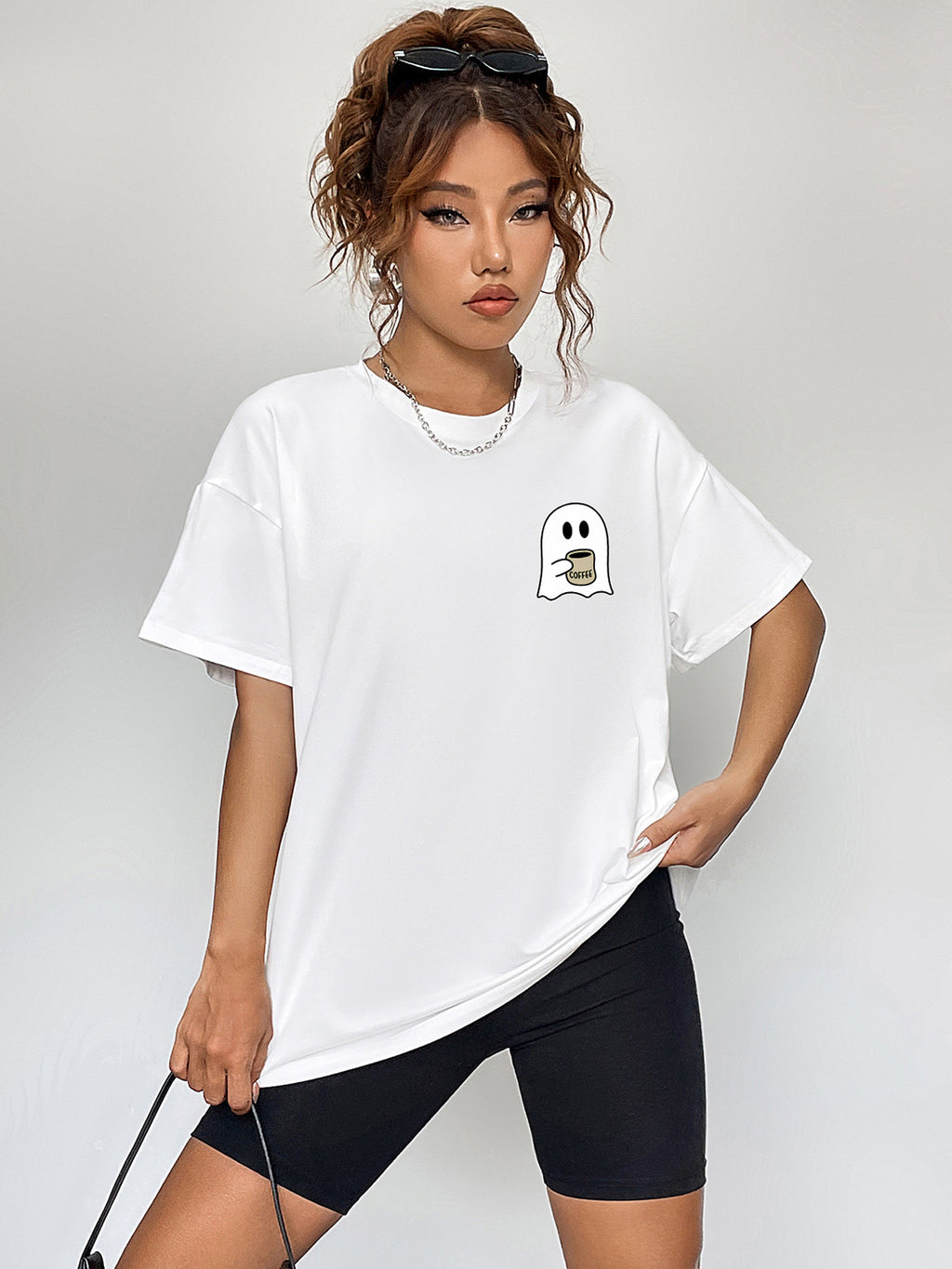 Round Neck Short Sleeve Ghost Graphic T-Shirt in White for Women