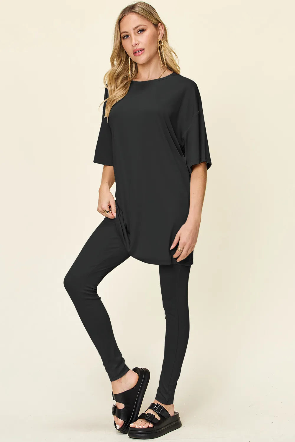 Plus Size Round Neck Dropped Shoulder T-Shirt and Leggings Set in Dusty Pink for Women