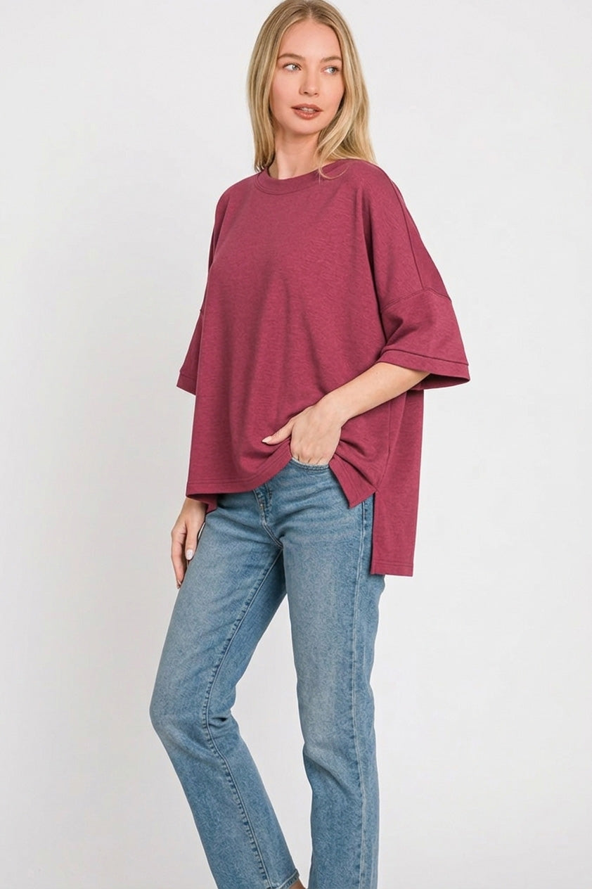 Scuba Round Neck Top with Side Slits Plus Size in Cabernet for Women