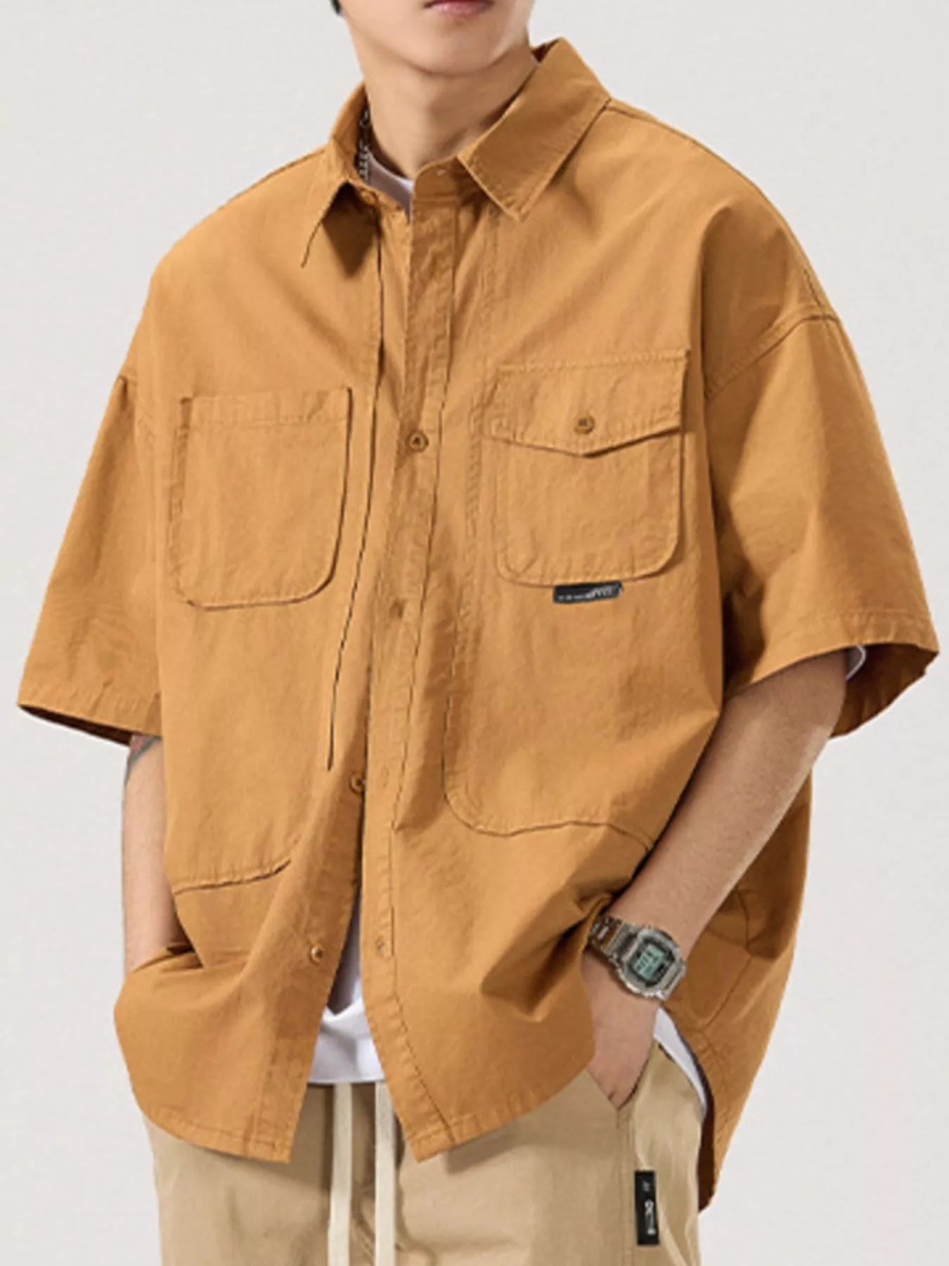 Button Up Half Sleeve Shirt Plus Size in Light Apricot in Black for Men
