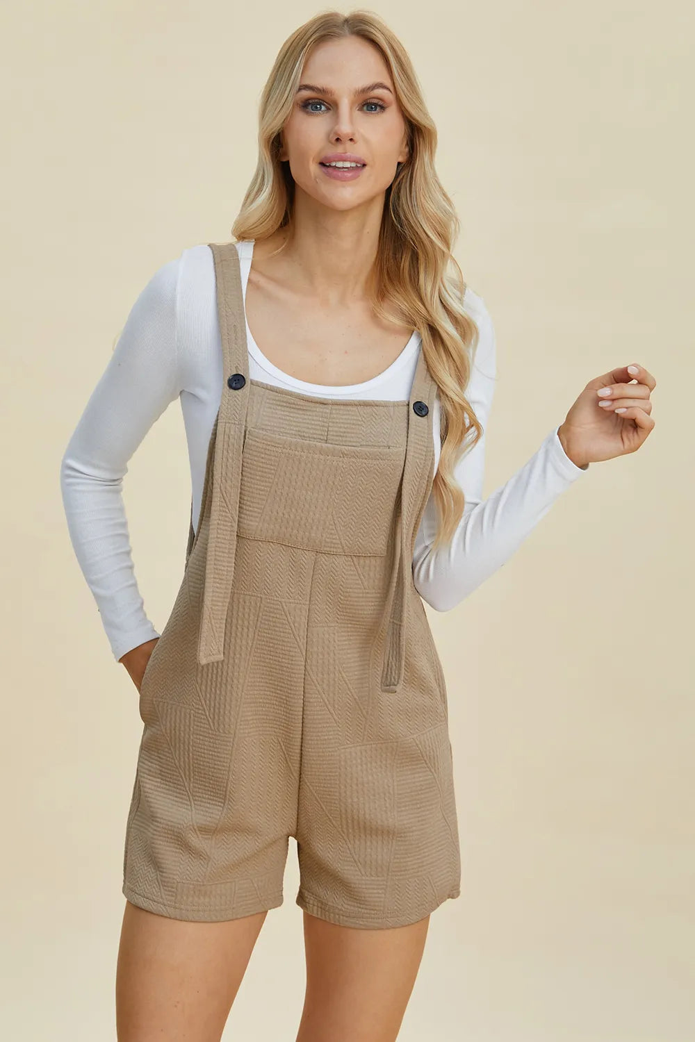 Plus Size Texture Sleeveless Romper in Khaki for Women