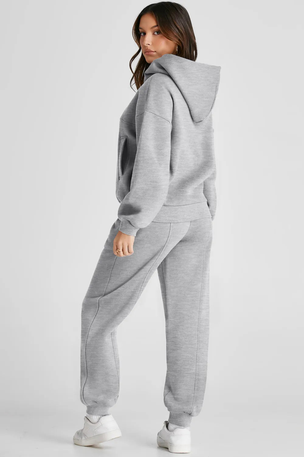 Dropped Shoulder Long Sleeve Hoodie and Pants Active Set in Gray for Women
