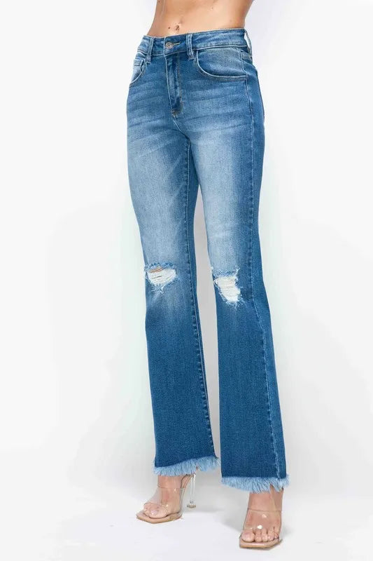 Plus Size Raw Hem Distressed High Rise Bootcut Jeans in Medium for Women