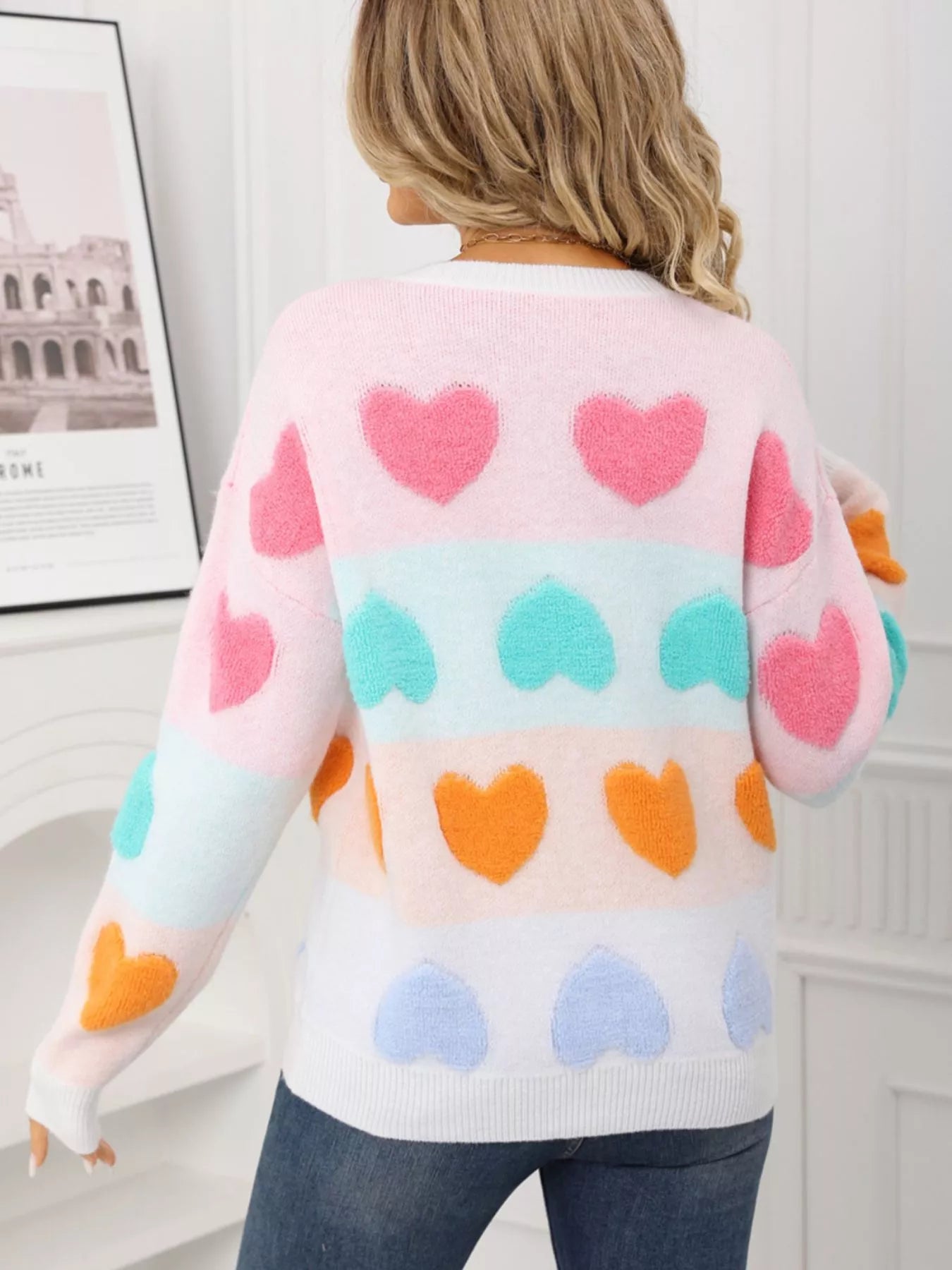 Valentines Day Heart Pattern Fuzzy Knit Sweater in Green for Women