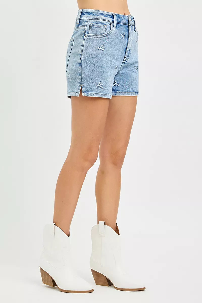 High Rise Denim Shorts with Embroidered Detail in Light for Women
