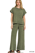 Washed Slub Short Sleeve Tee & Long Pants Set in Dark Olive for Women