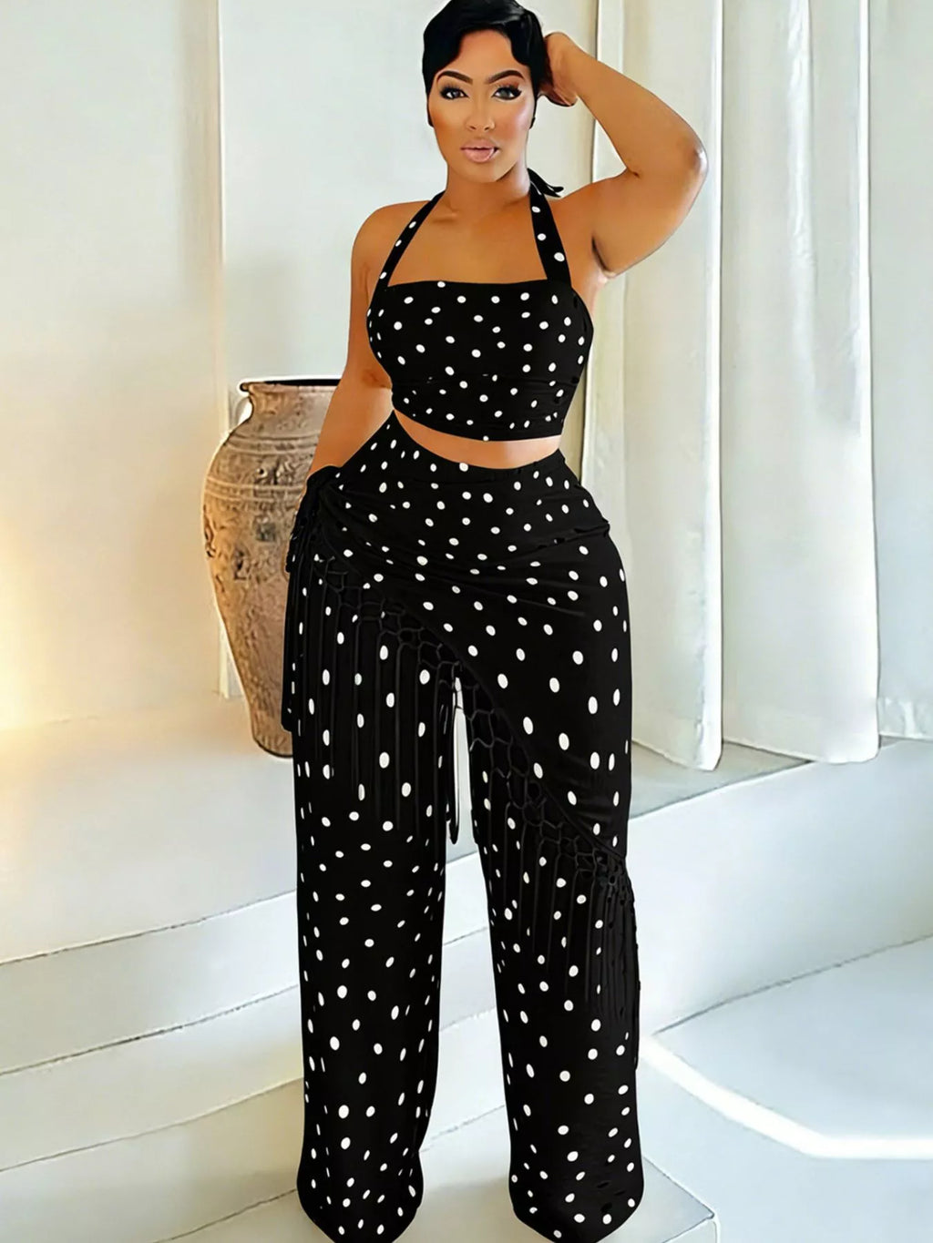 Polka Dot Halter Neck Cami and Fringe Trim Pants Set in Black for Women