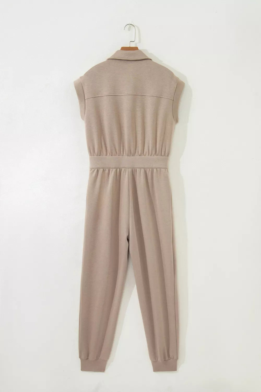 Solid Color Zip Front Short Sleeve Collared Jumpsuit for Women