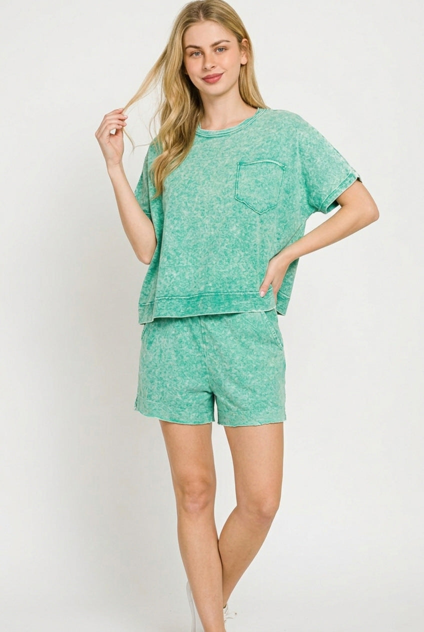 Halo Snow Washed Boxy Top & Shorts Set in Green for Women