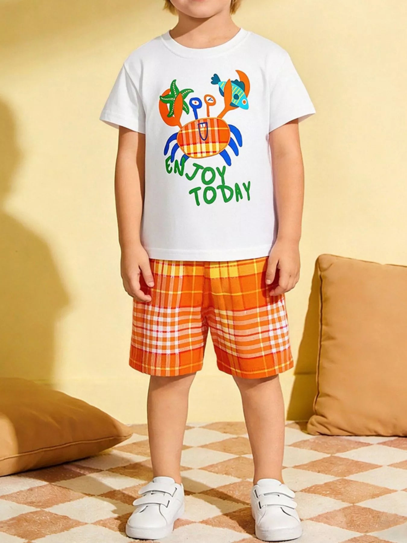 Crab Graphic Tee & Plaid Shorts Set in Tangerine for Boys