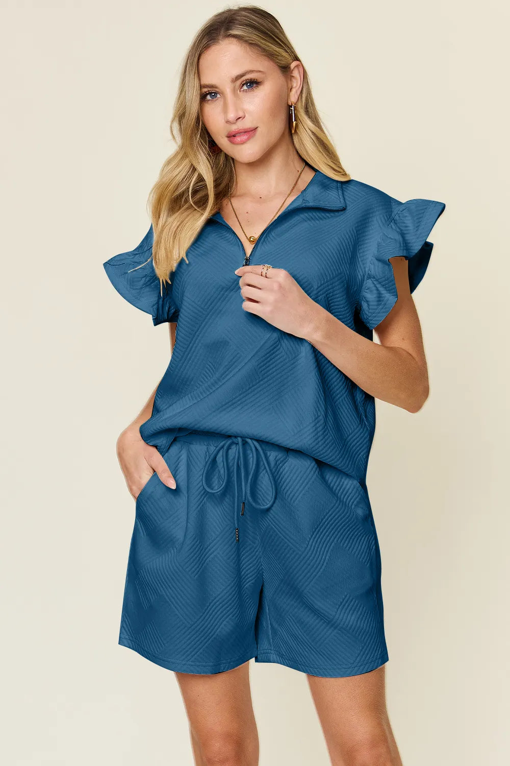 Plus Size Texture Flounce Sleeve Top and Drawstring Shorts Set in Mid Green for Women