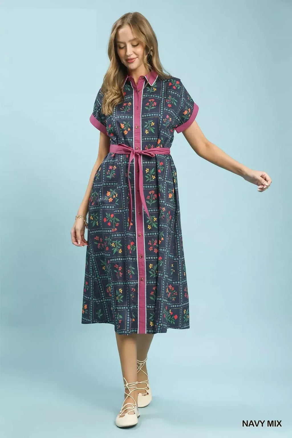 Mix Floral Button-Front Midi Dress in Navy Mix for Women