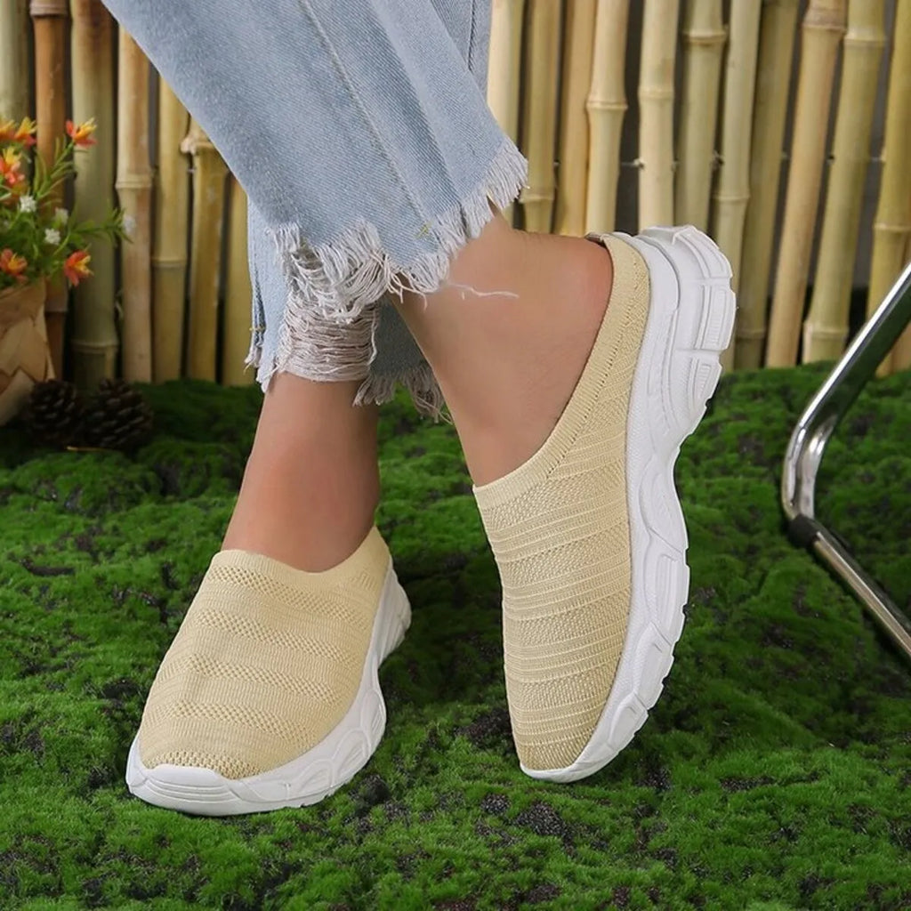 Breathable Mesh Round Toe Slip-Ons in Grey for Women