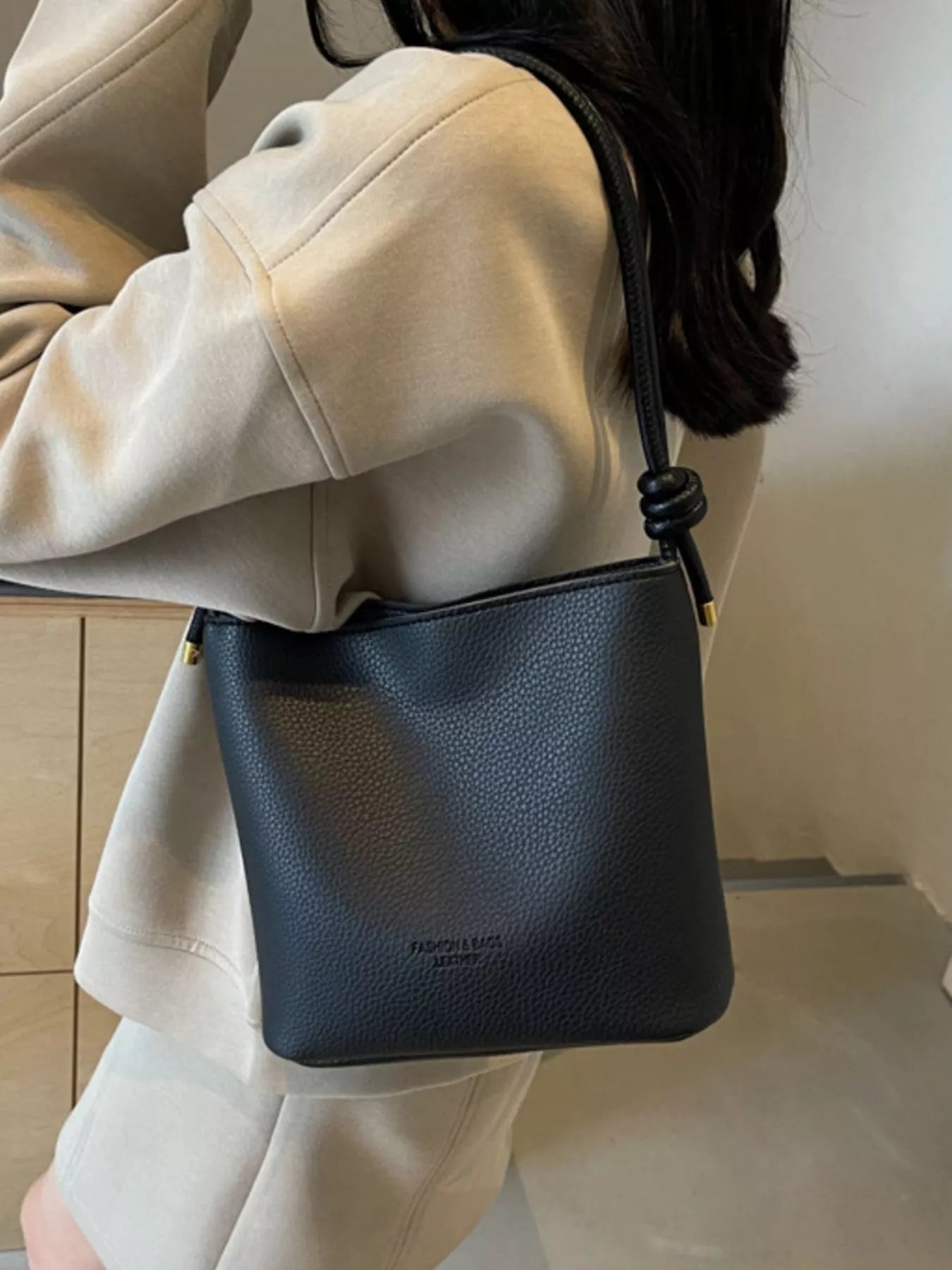 Leather Bucket Crossbody Bag in Black for Women