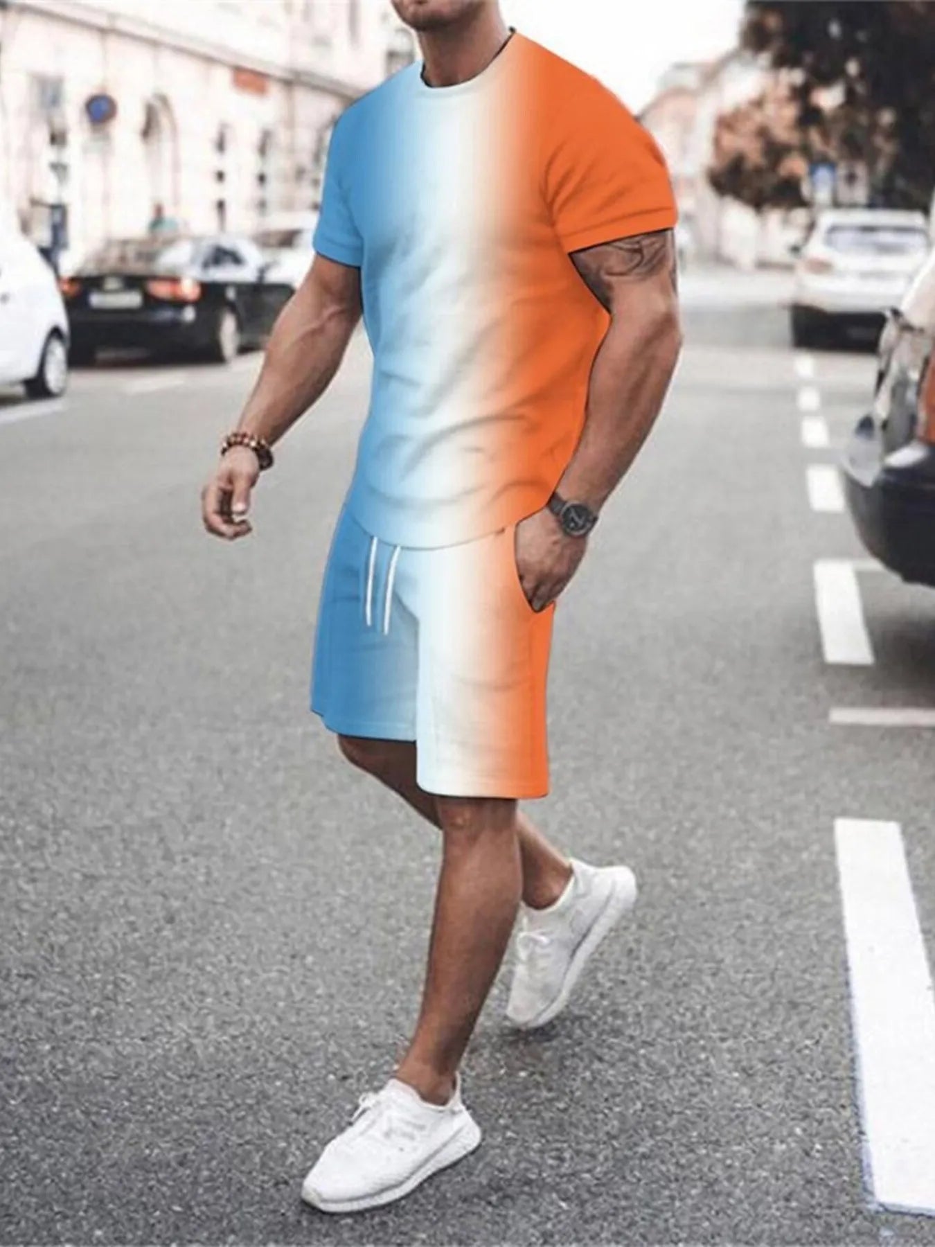 Gradient Color Casual Tee and Shorts Plus Size Set in Orange-Red for Men