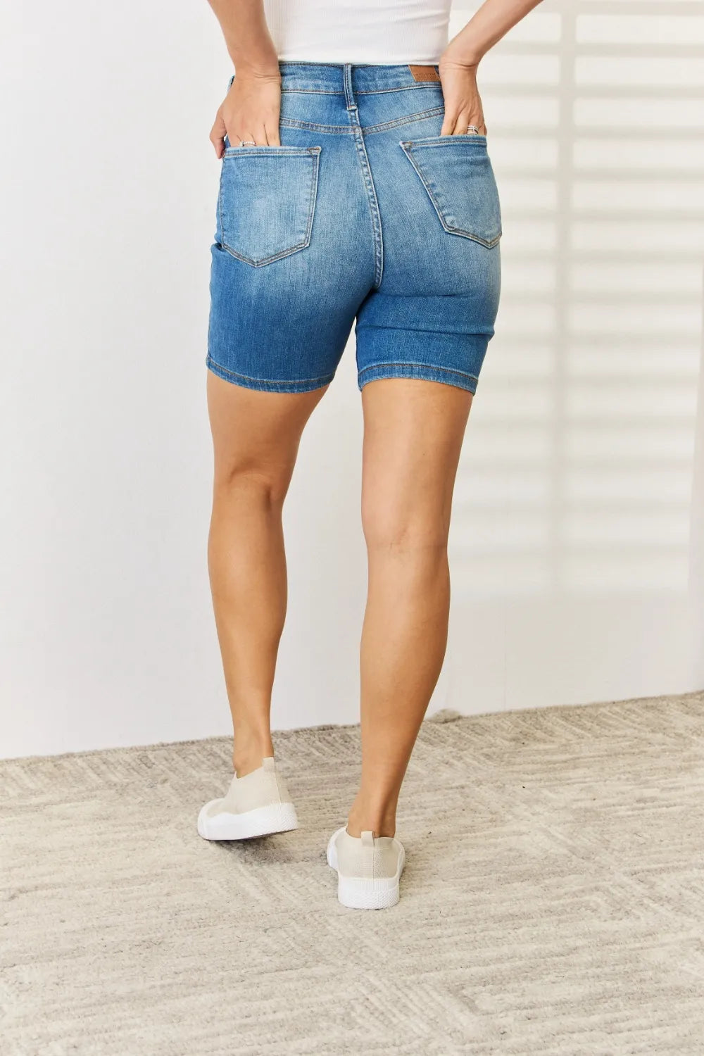 Plus Size Tummy Control Double Button Bermuda Denim Shorts in Medium for Women