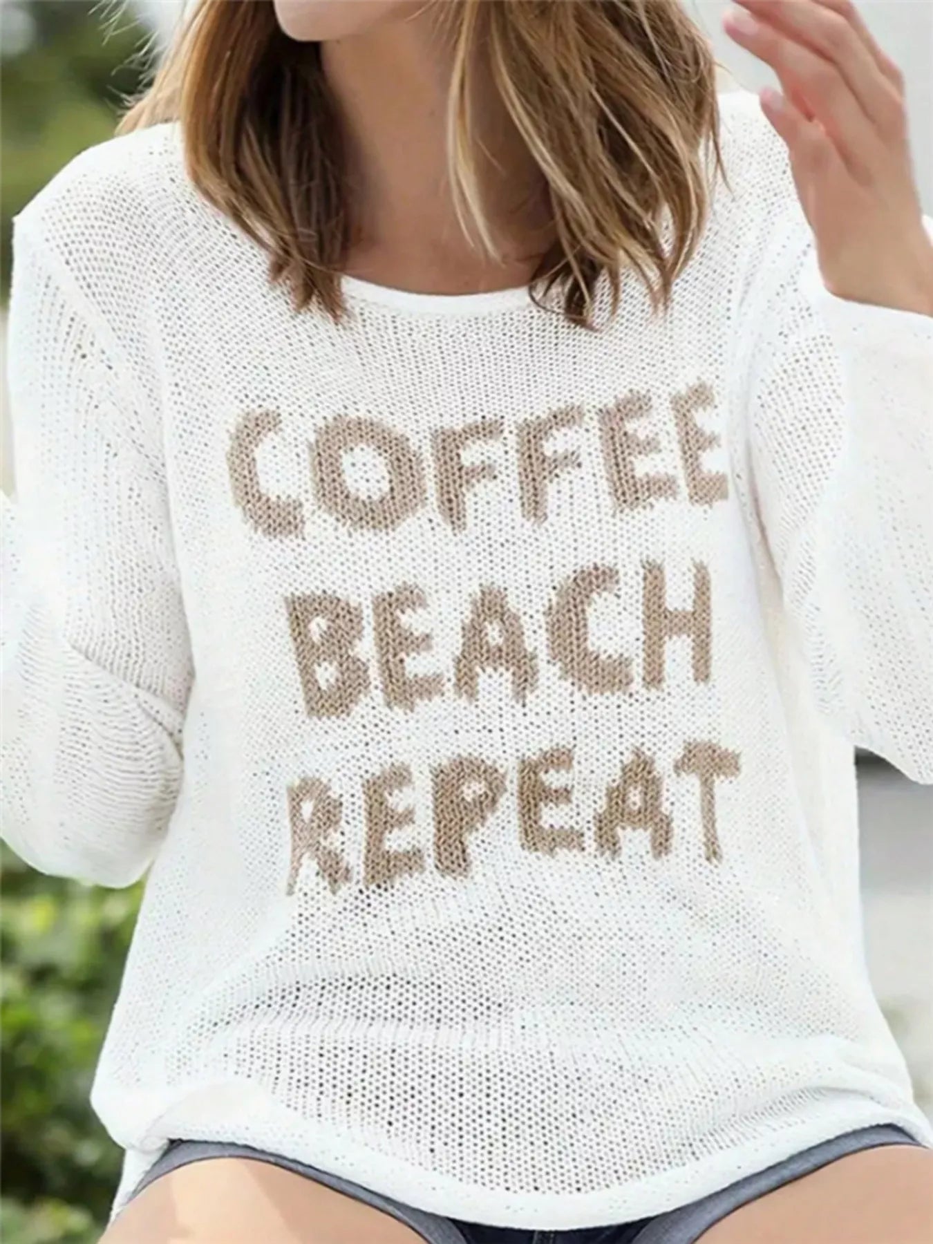 Coffee Beach Letter Side Slit Knit Top in White for Women