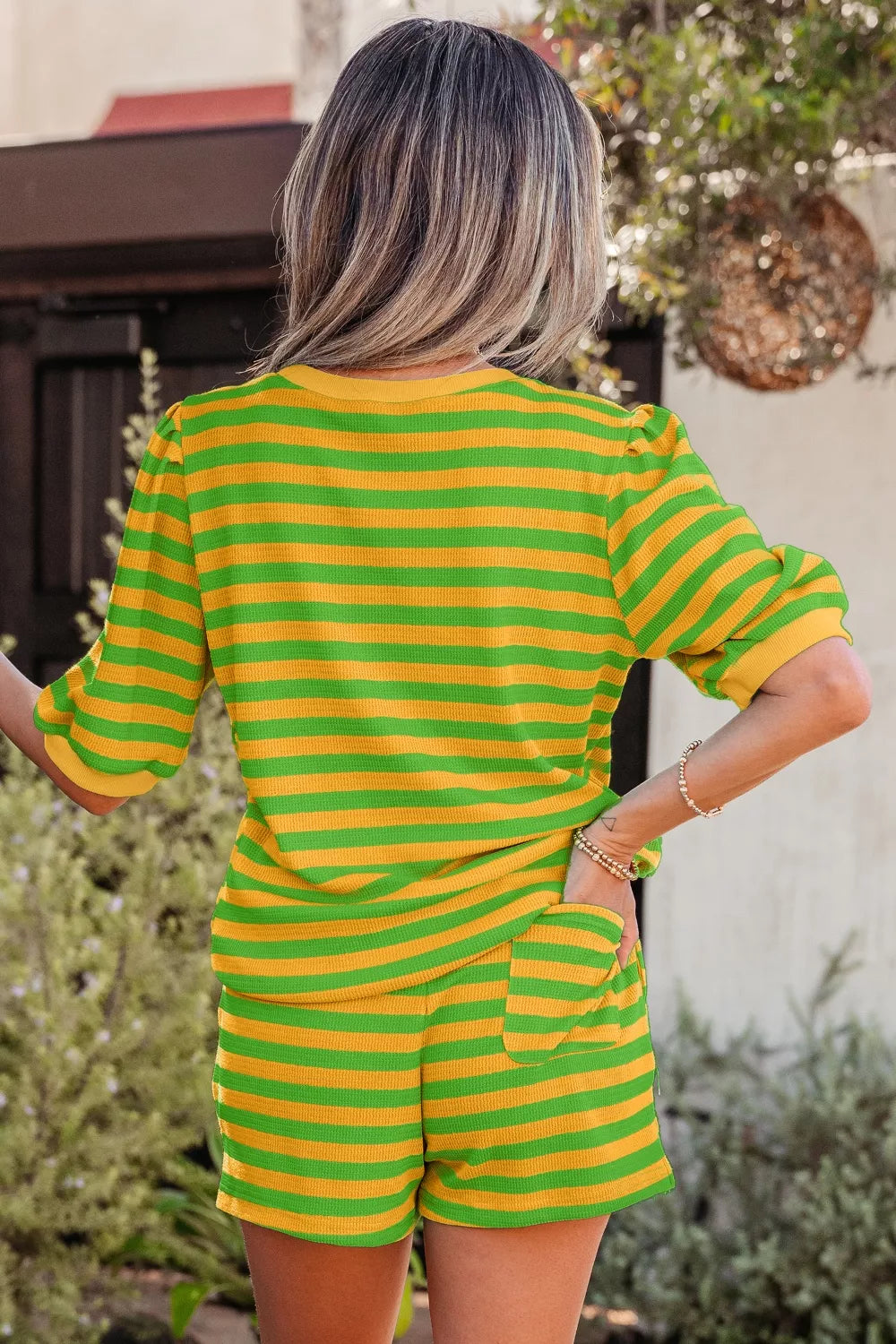 Striped Puff Sleeve Top and Drawstring Shorts Set for Women