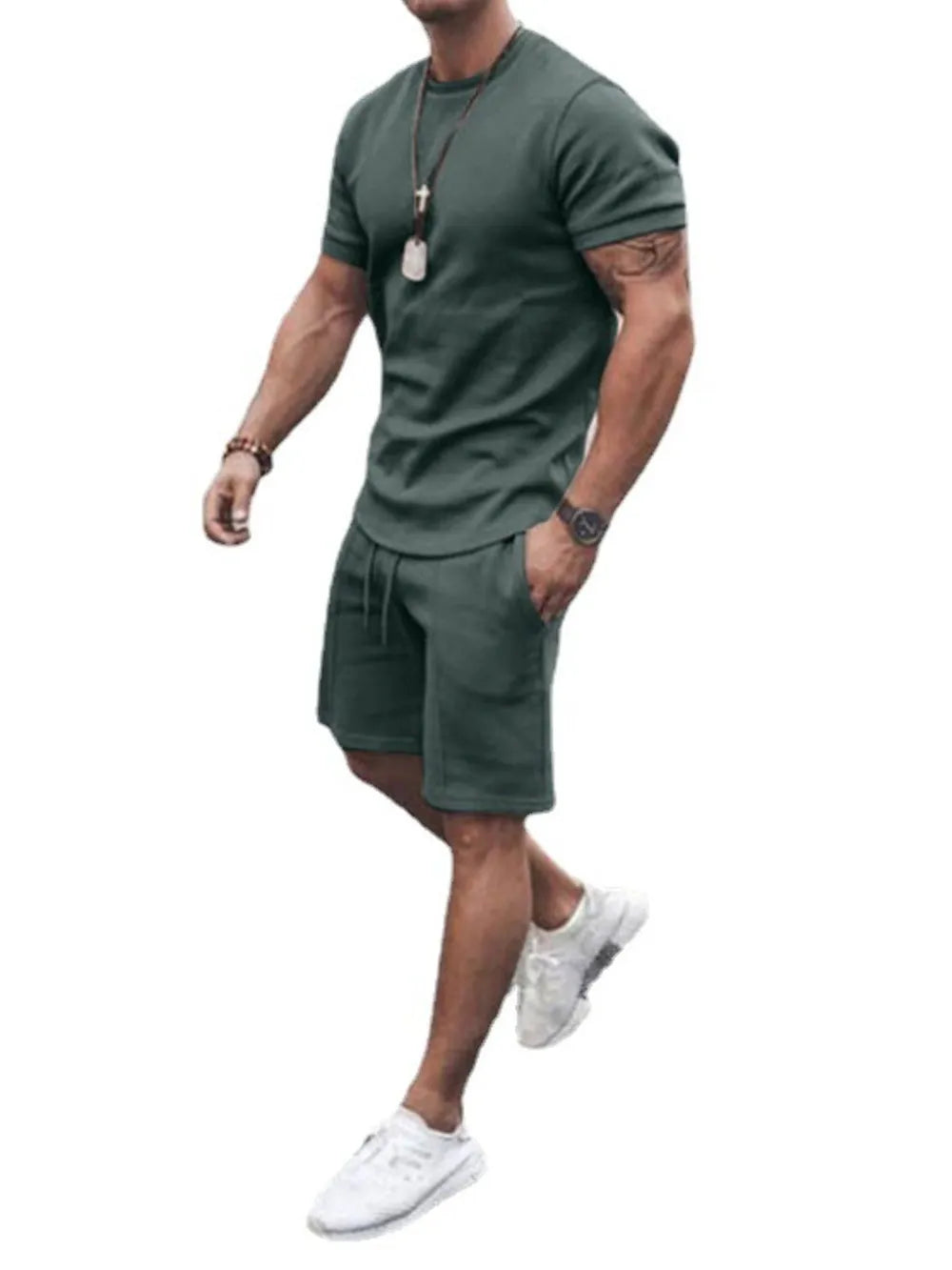 Plus Size Round Neck Short Sleeve Top and Shorts Set in White in Black for Men
