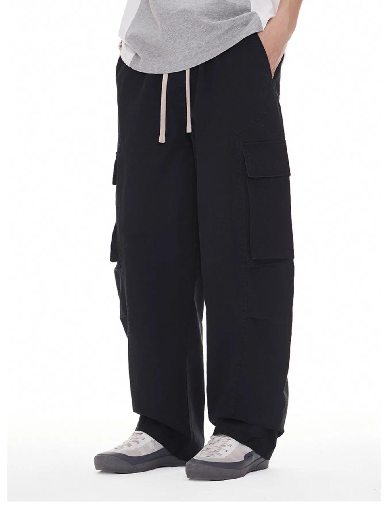 Plus Size Wide Leg Cargo Drawstring Pants in Black for Men