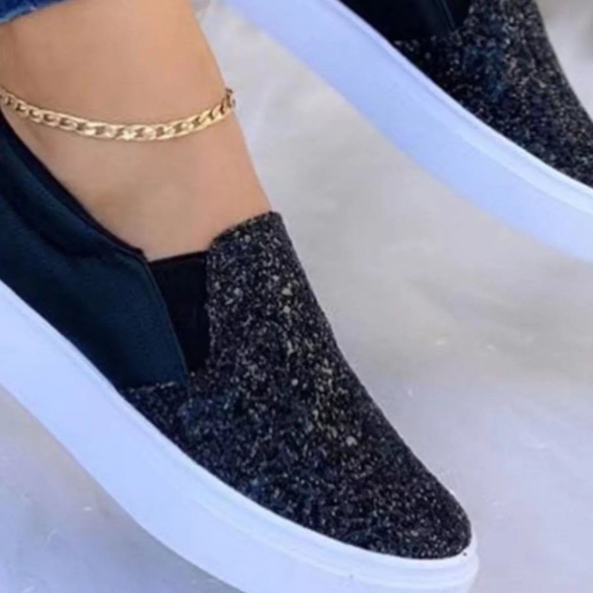 Sequin Round Toe Platform Slip-Ons in Black for Women