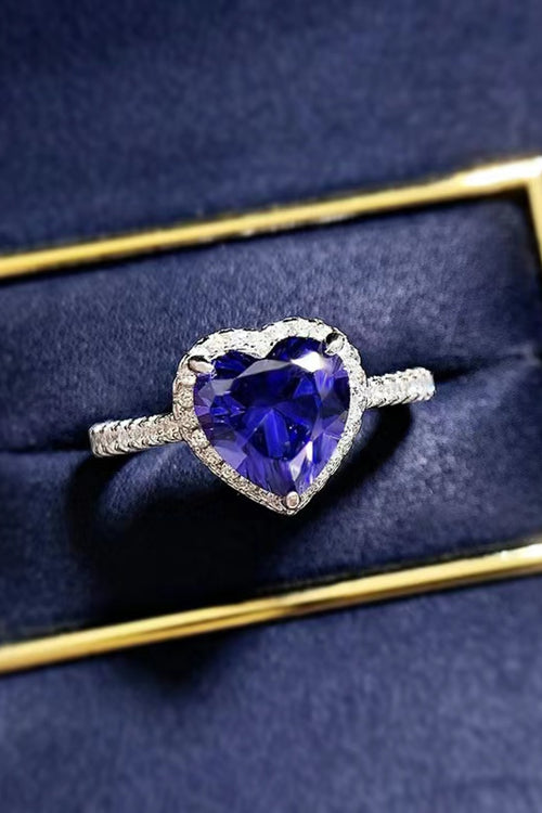 2 Carat Moissanite Heart-Shaped Side Stone Ring in Blue for Women