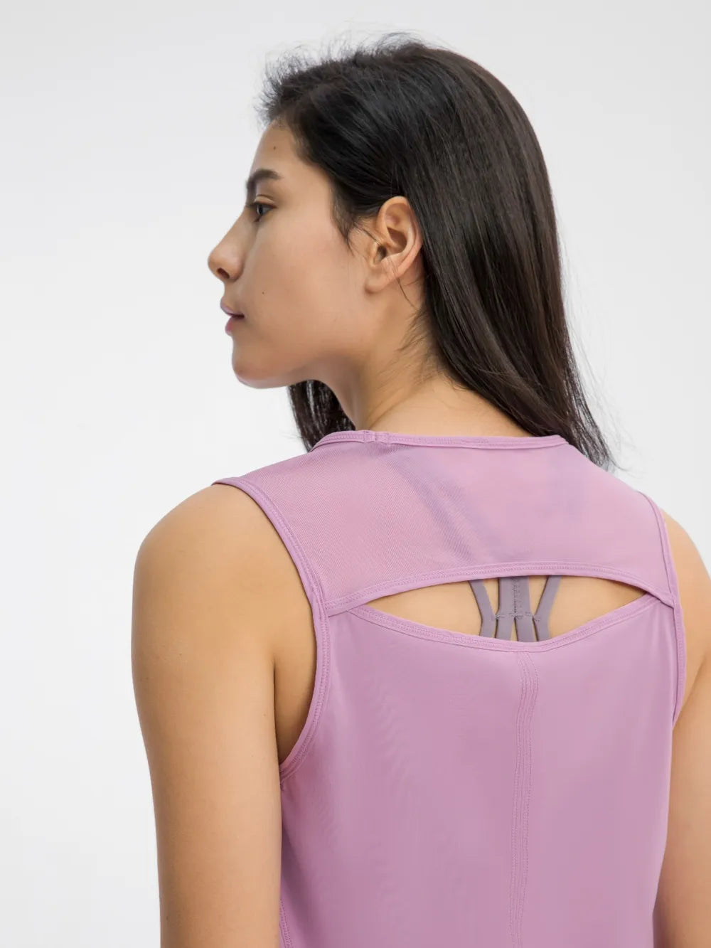 Cutout Back Round Neck Active Tank in White for Women