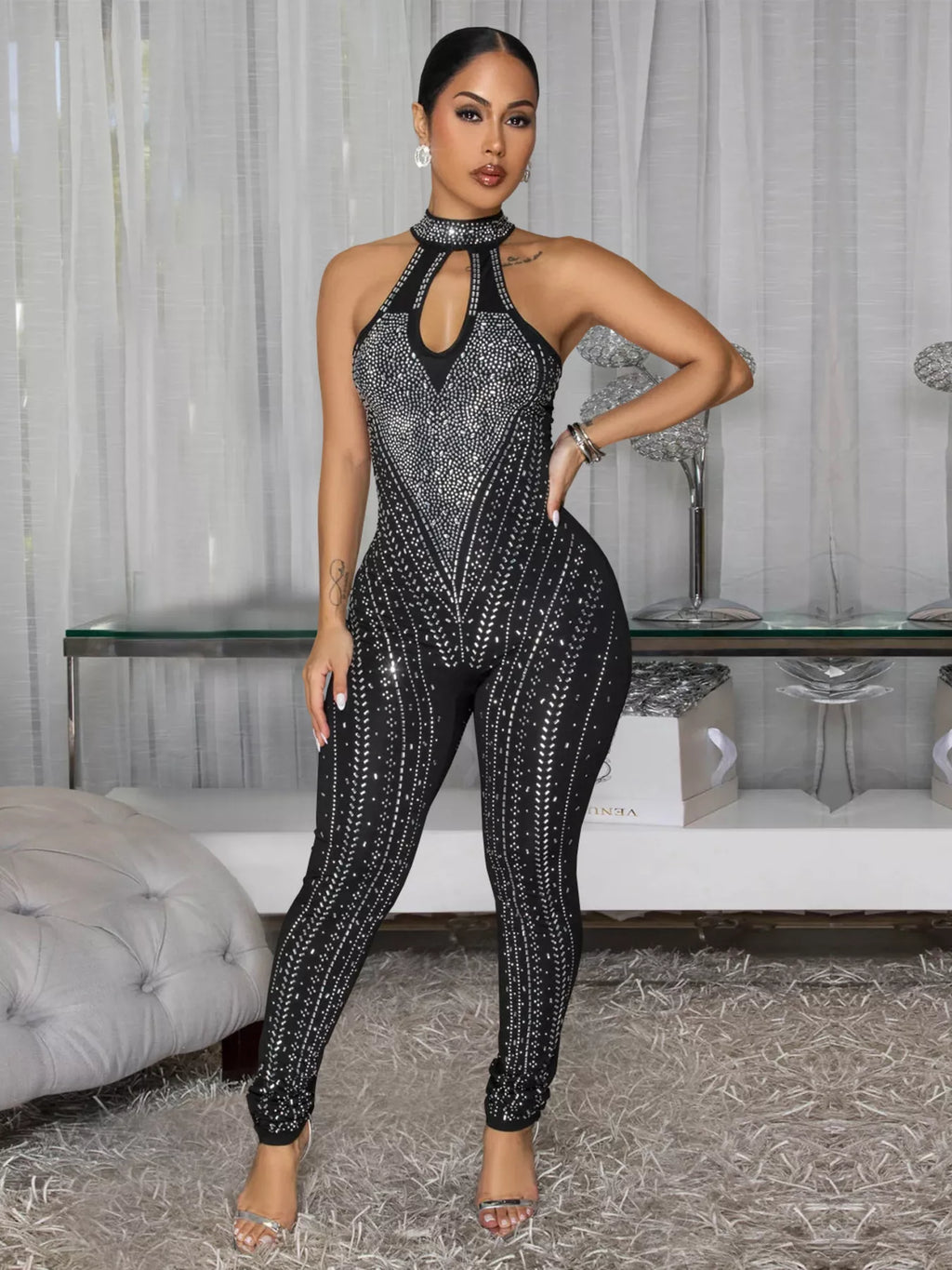 Sparkling Rhinestone Cutout Jumpsuit in Black for Women