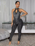 Sparkling Rhinestone Cutout Jumpsuit in Black for Women