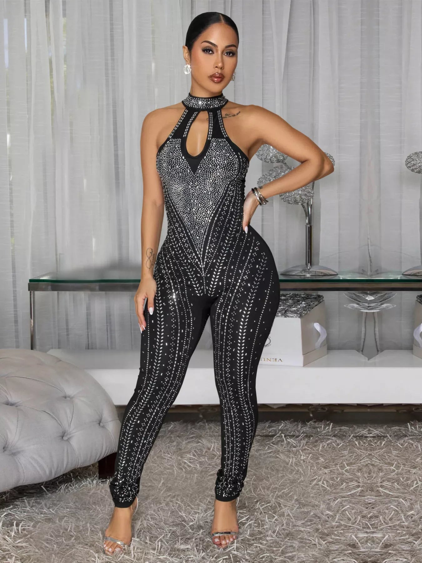 Sparkling Rhinestone Cutout Jumpsuit in Black for Women