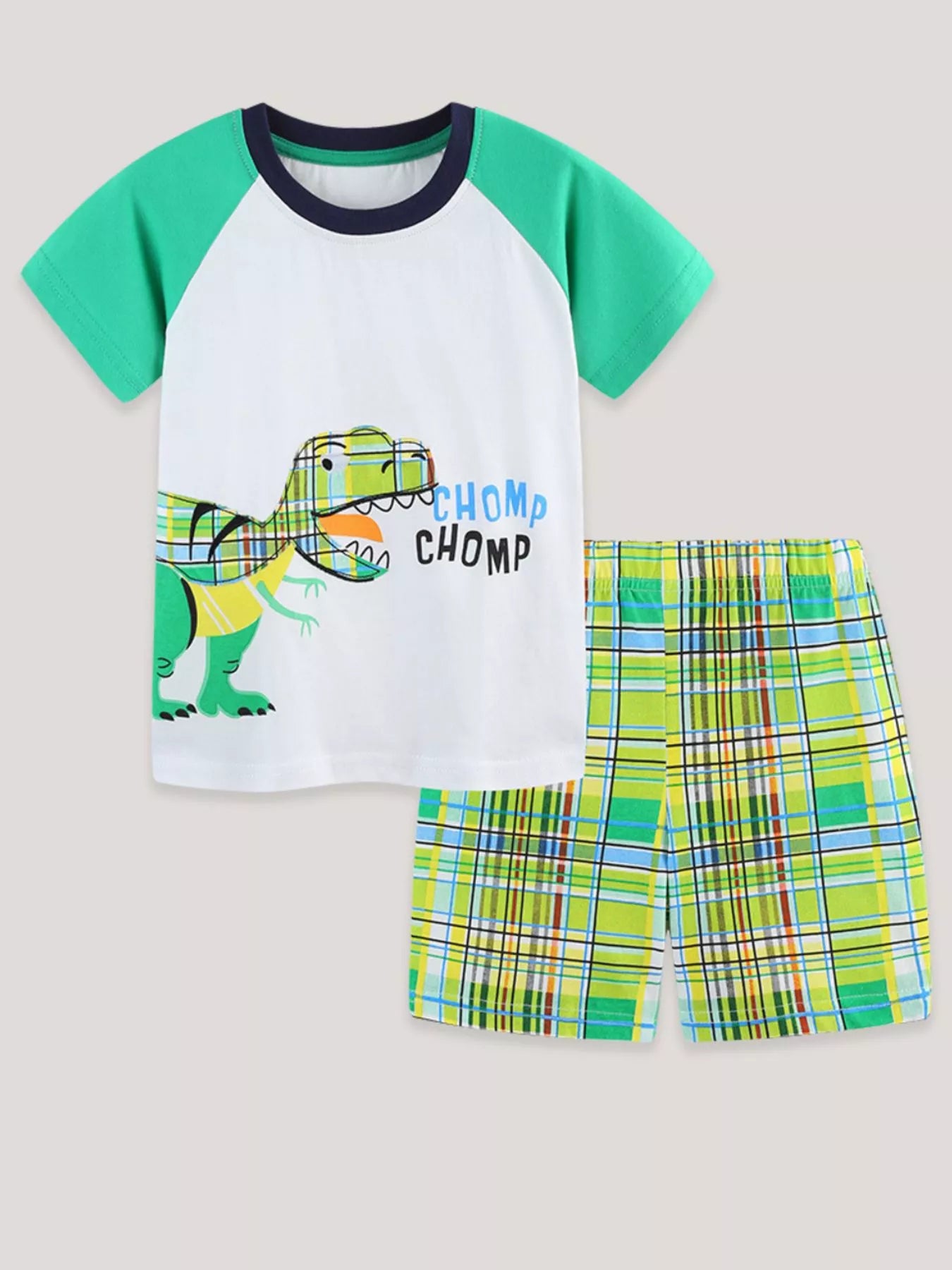 Dinosaur Print T-Shirt & Plaid Shorts Set in White for Boys