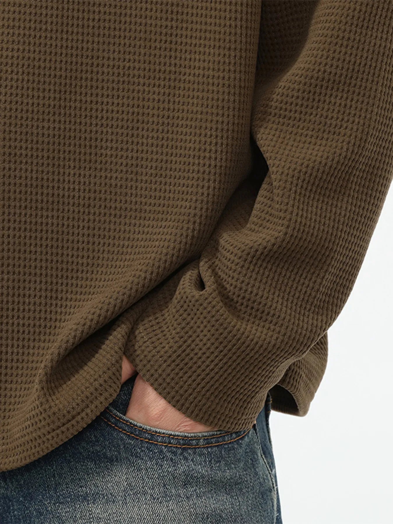 Plus Size Quarter-Zip Long Sleeve T-Shirt in Coffee for Men