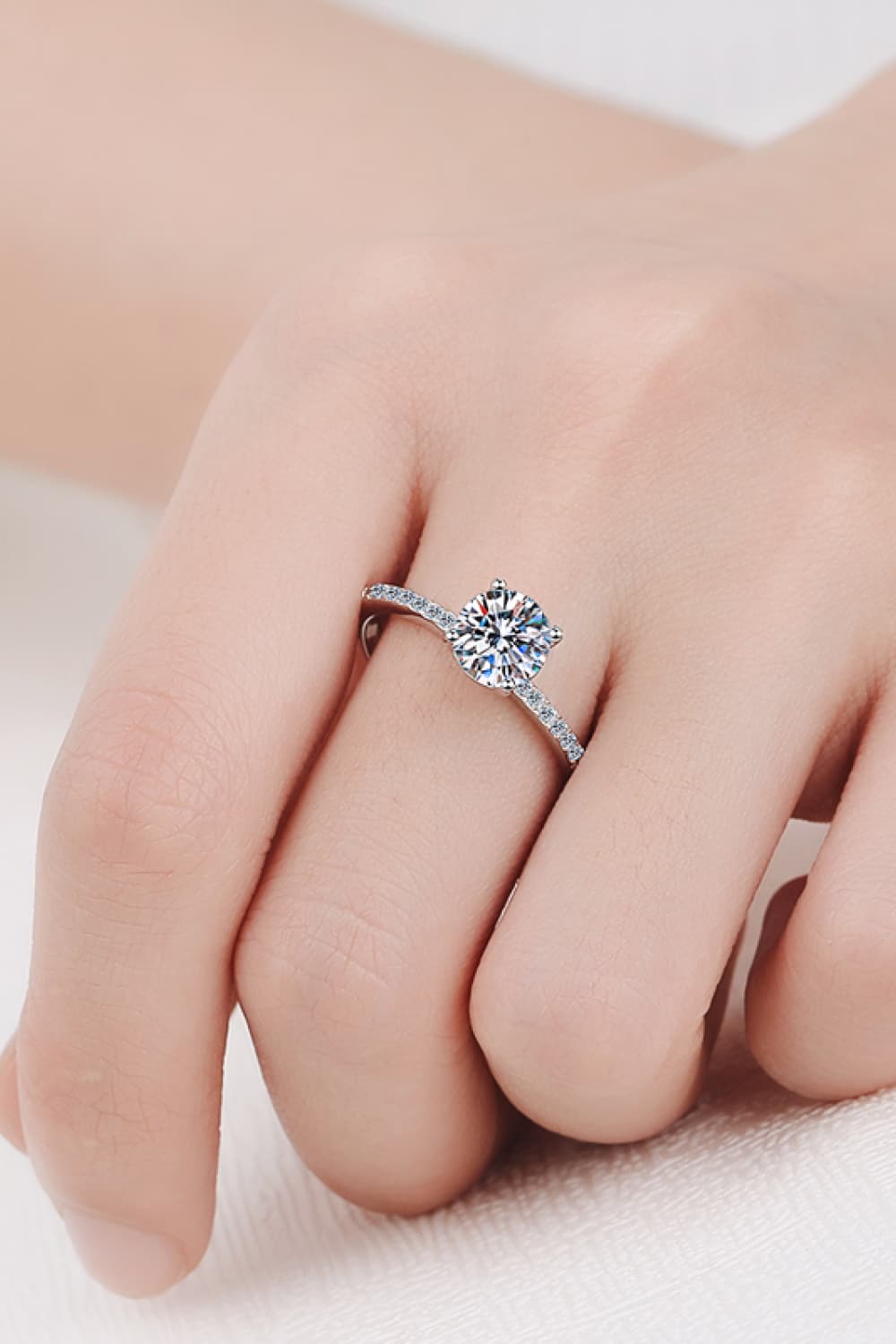 1 Carat Moissanite Rhodium-Plated Side Stone Ring in Silver for Women