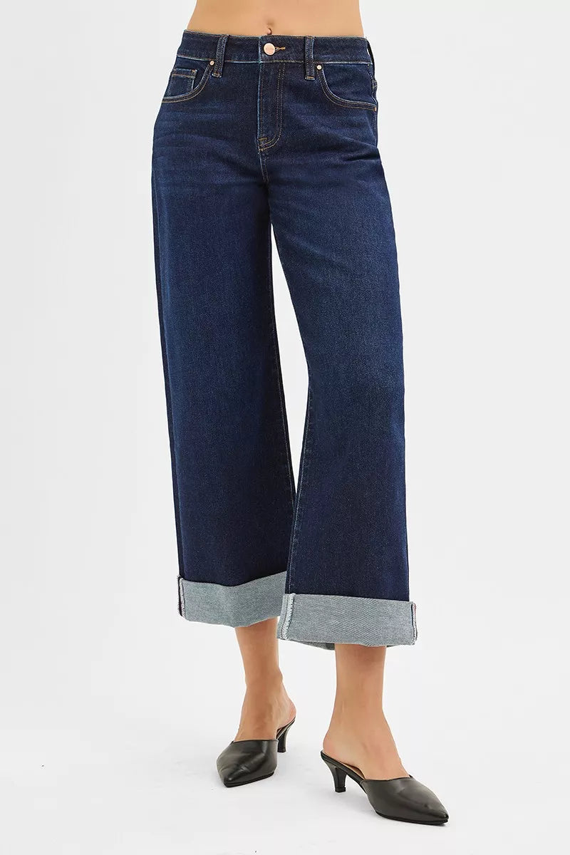 Mid Rise Fit Ankle Wide Roll Up Jeans in Dark for Women
