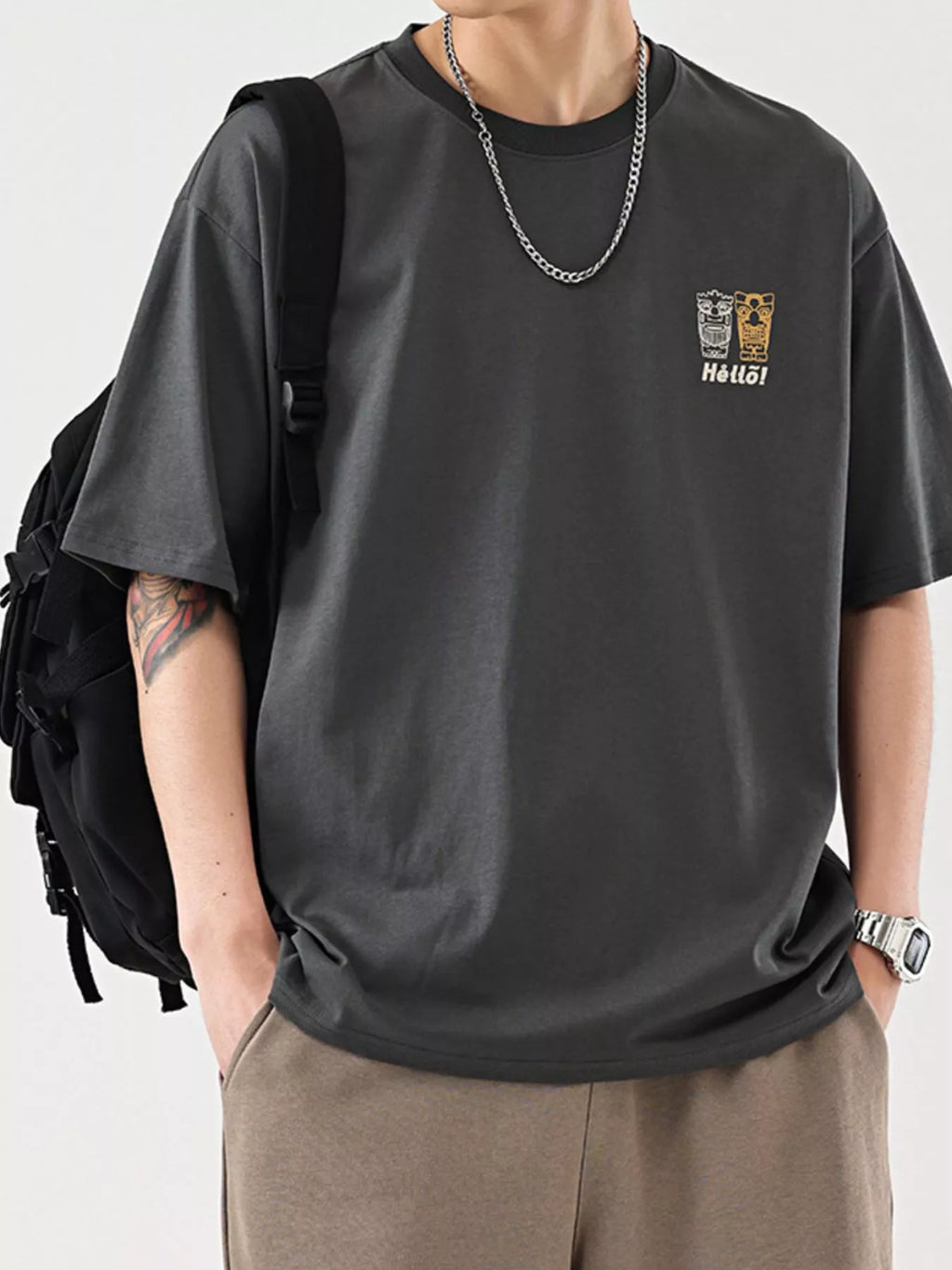 Plus Size Graphic Round Neck Half Sleeve T-Shirt in Dark Gray for Men