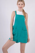 Sleeveless Double Gauze Overalls with Pockets in Green for Women