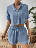 Ivy Lane Contrast Lapel Collar Cropped Shirt and Shorts Lounge Set in Light Blue for Women