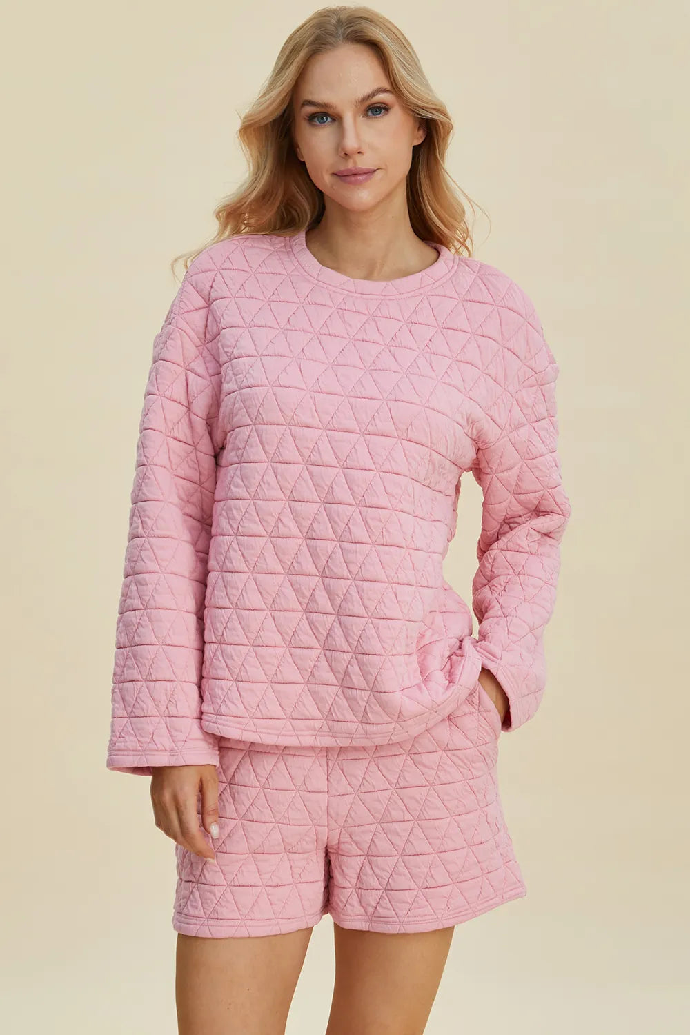 Plus Size Texture Round Neck Long Sleeve Top and Shorts Set in Pink for Women