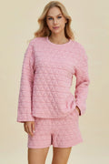 Plus Size Texture Round Neck Long Sleeve Top and Shorts Set in Pink for Women