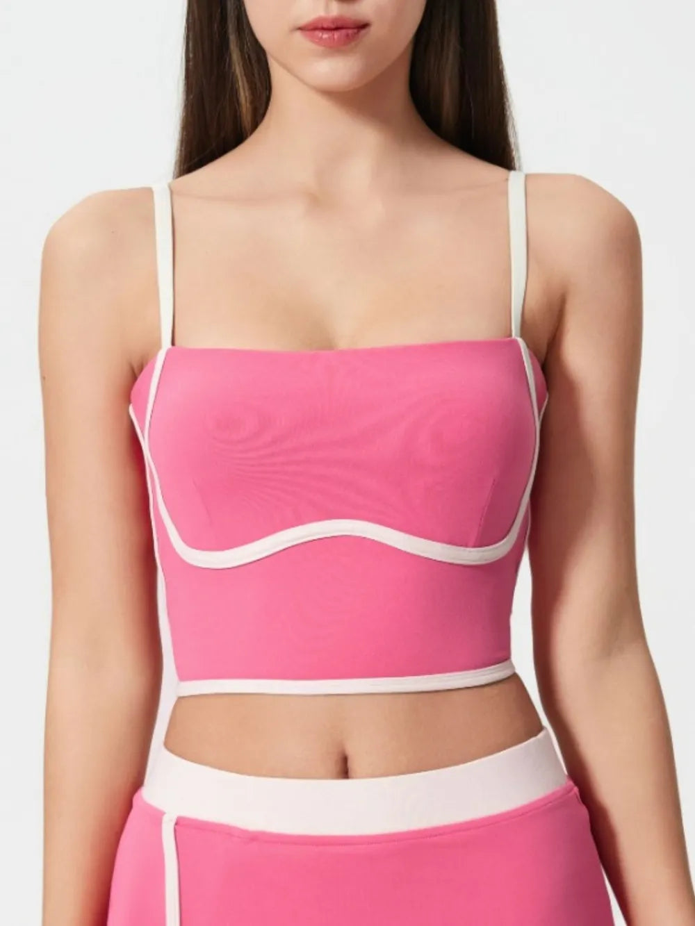 Contrast Trim Square Neck Active Cami with Detachable Chest Pads in Fuchsia Pink for Women