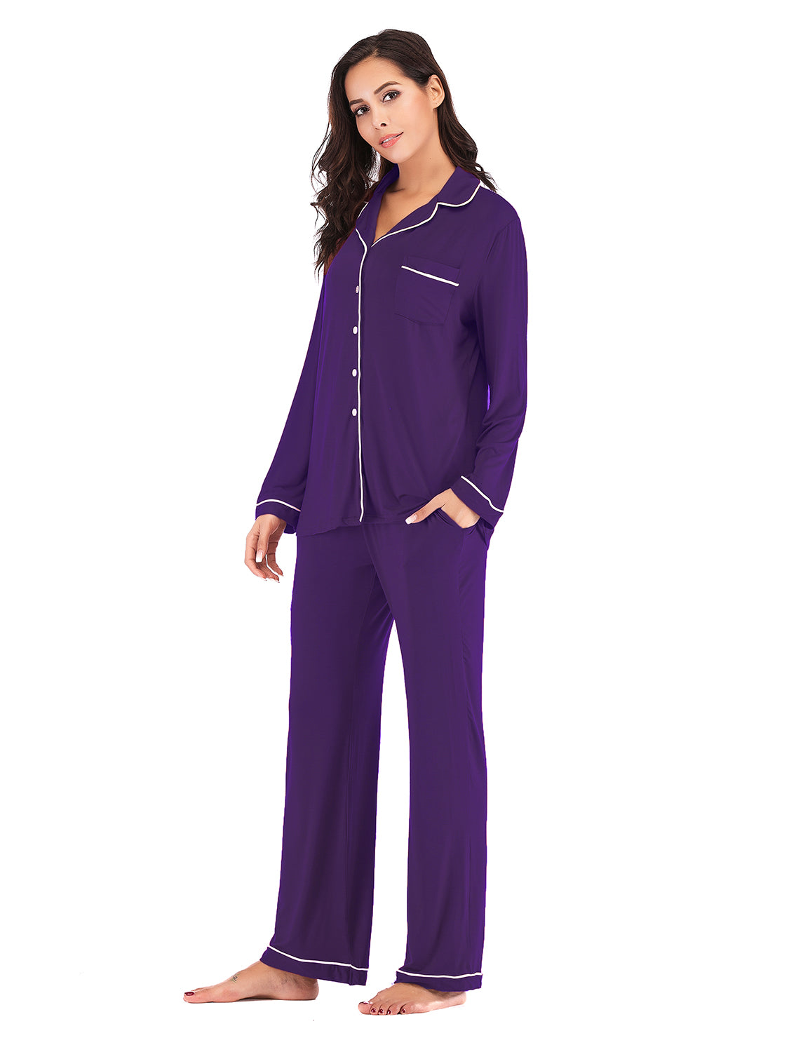 Collared Neck Long Sleeve Loungewear Set with Pockets in Green for Women