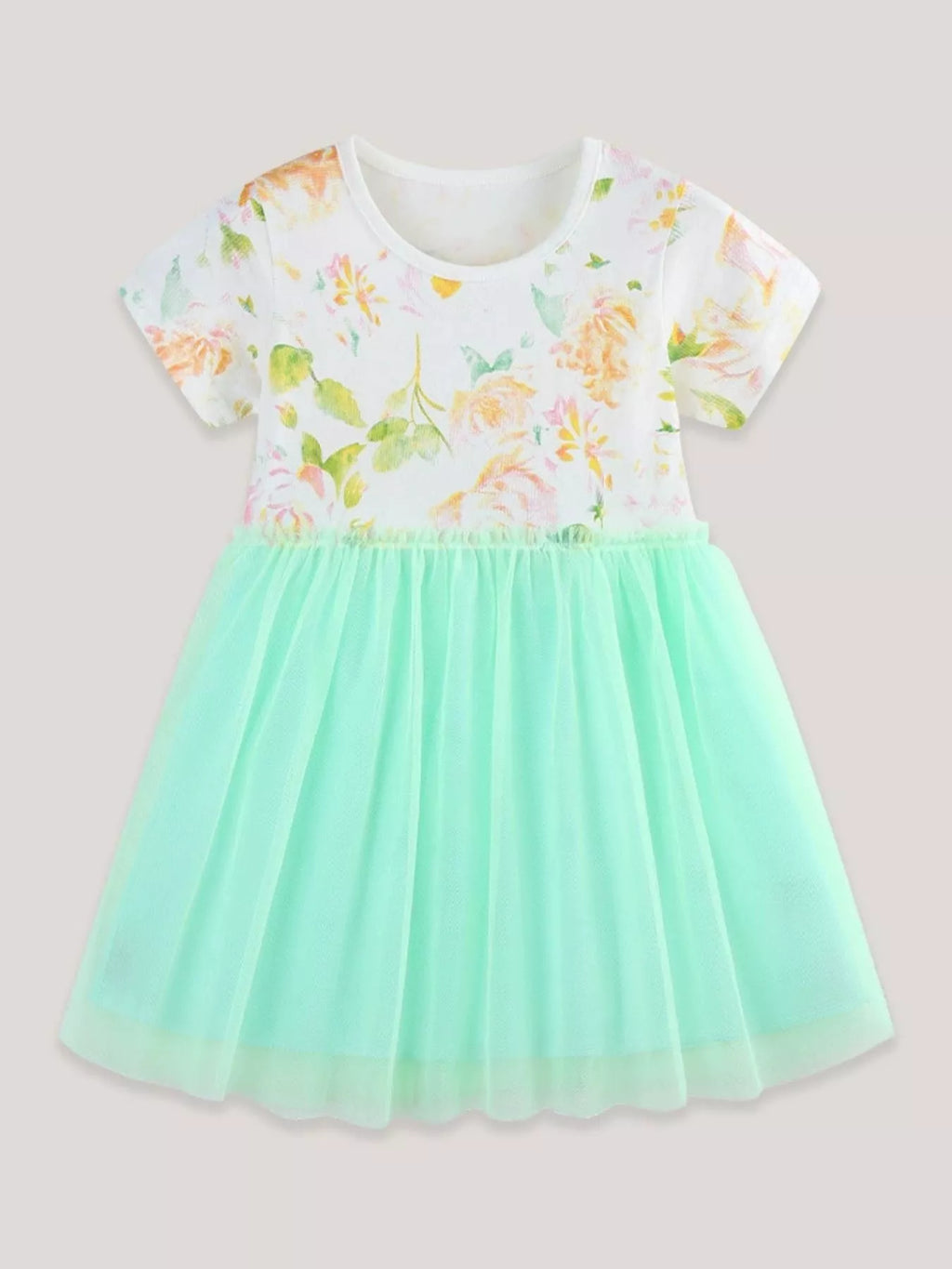 Floral Print Tulle Dress in White for Girls