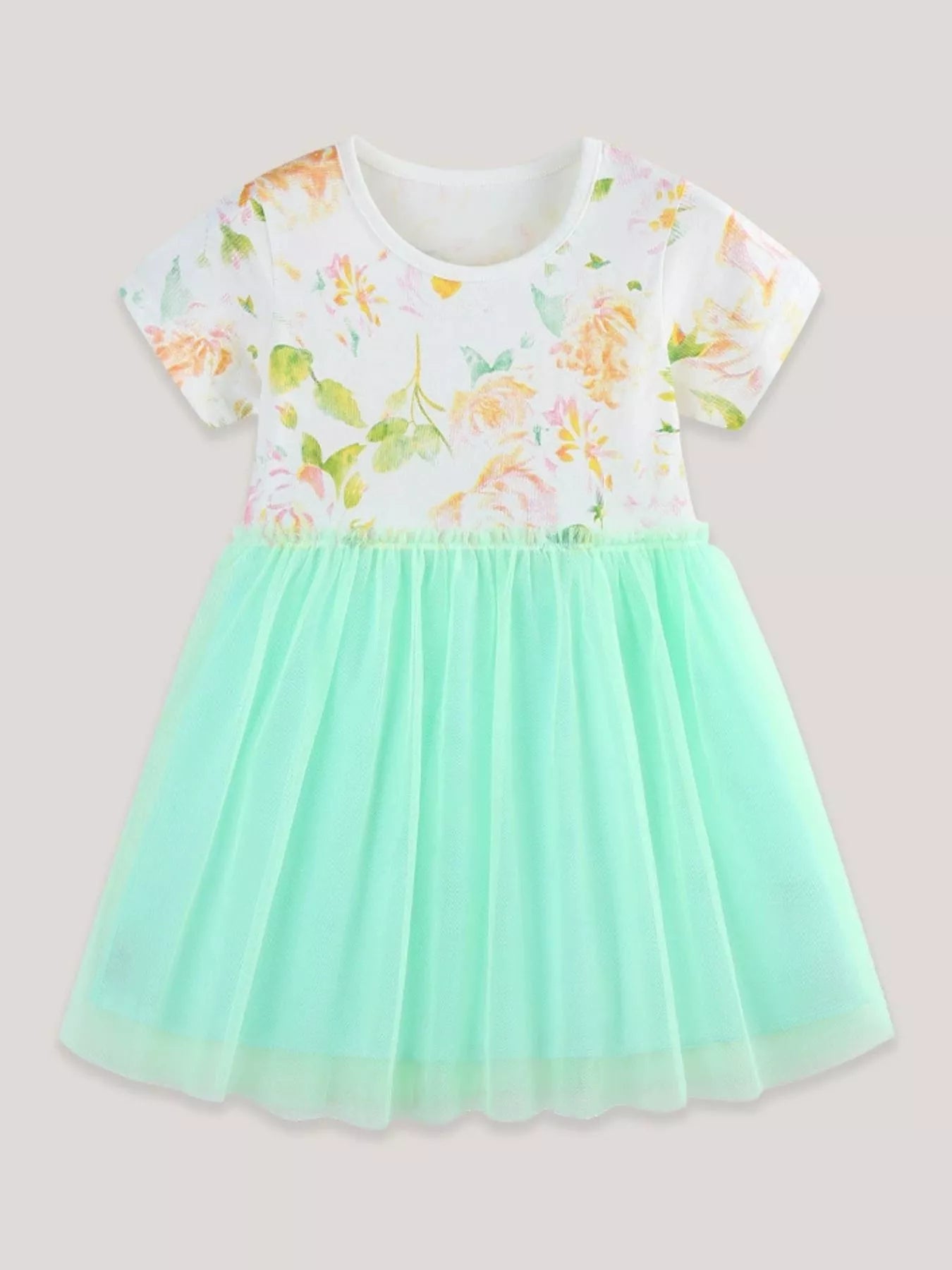 Floral Print Tulle Dress in White for Girls