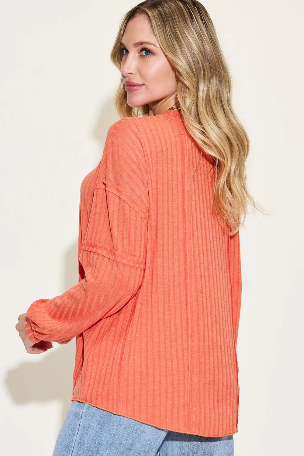 Plus Size Ribbed Round Neck Long Sleeve T-Shirt in Gray for Women