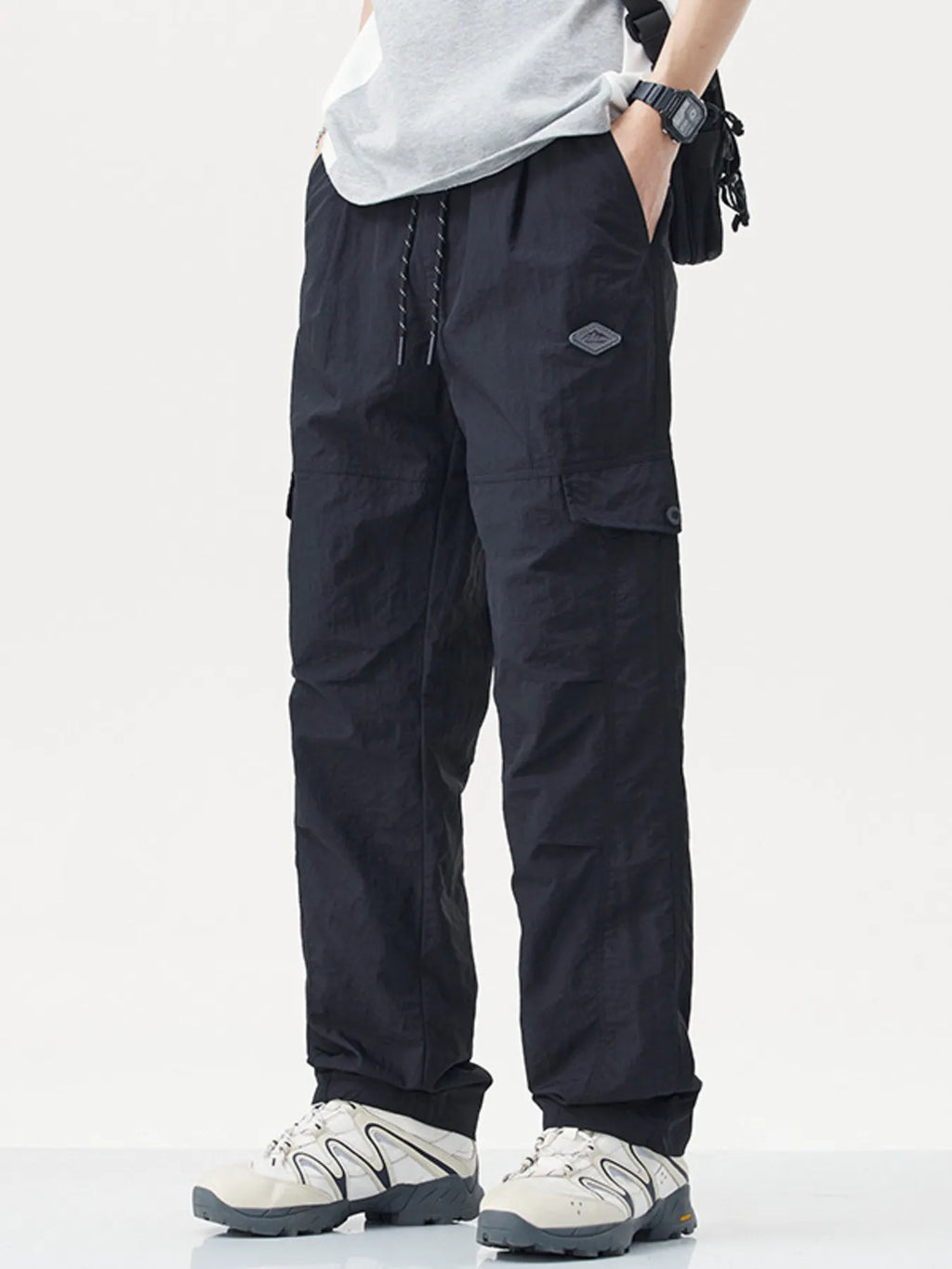 Plus Size Relaxed Fit Cargo Pants with Drawstring in Navy Blue for Men