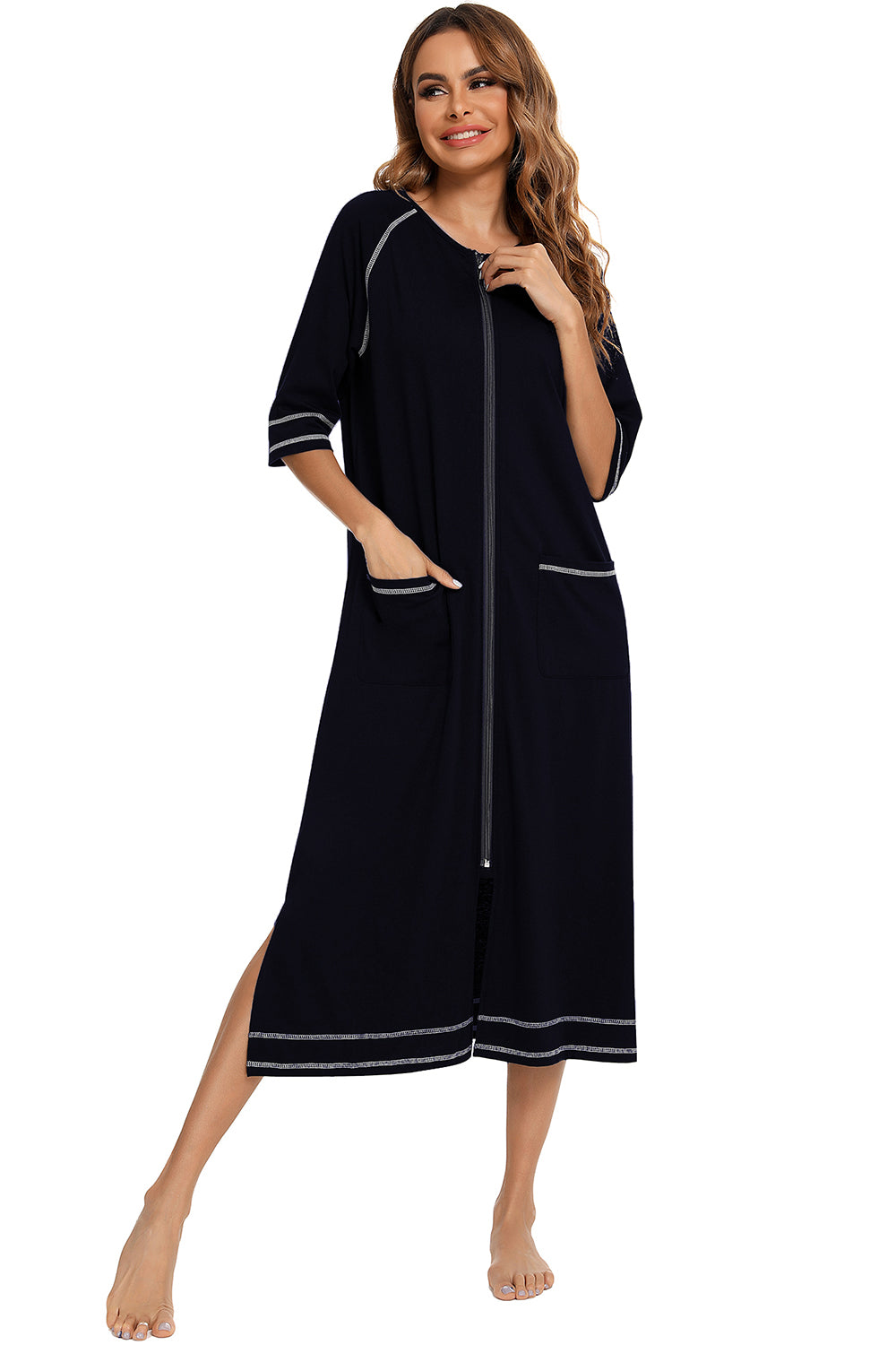 Zip Up Slit Round Neck Night Dress with Pockets in Peacock Blue for Women