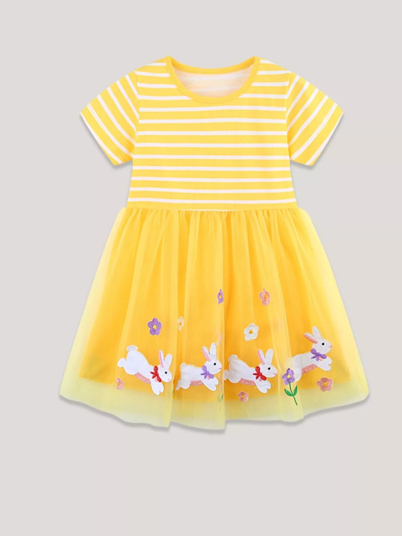 Bunny & Floral Striped Tulle Dress in Yellow for Girls