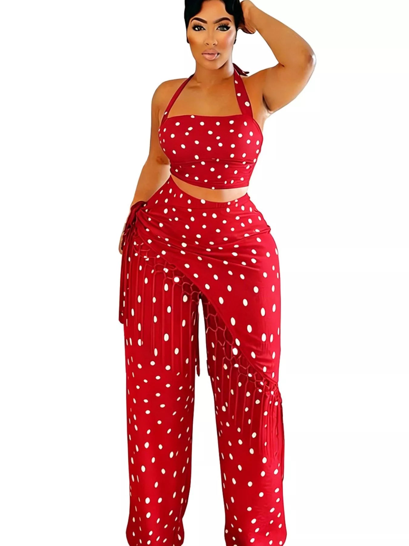 Polka Dot Halter Neck Cami and Fringe Trim Pants Set in Red for Women