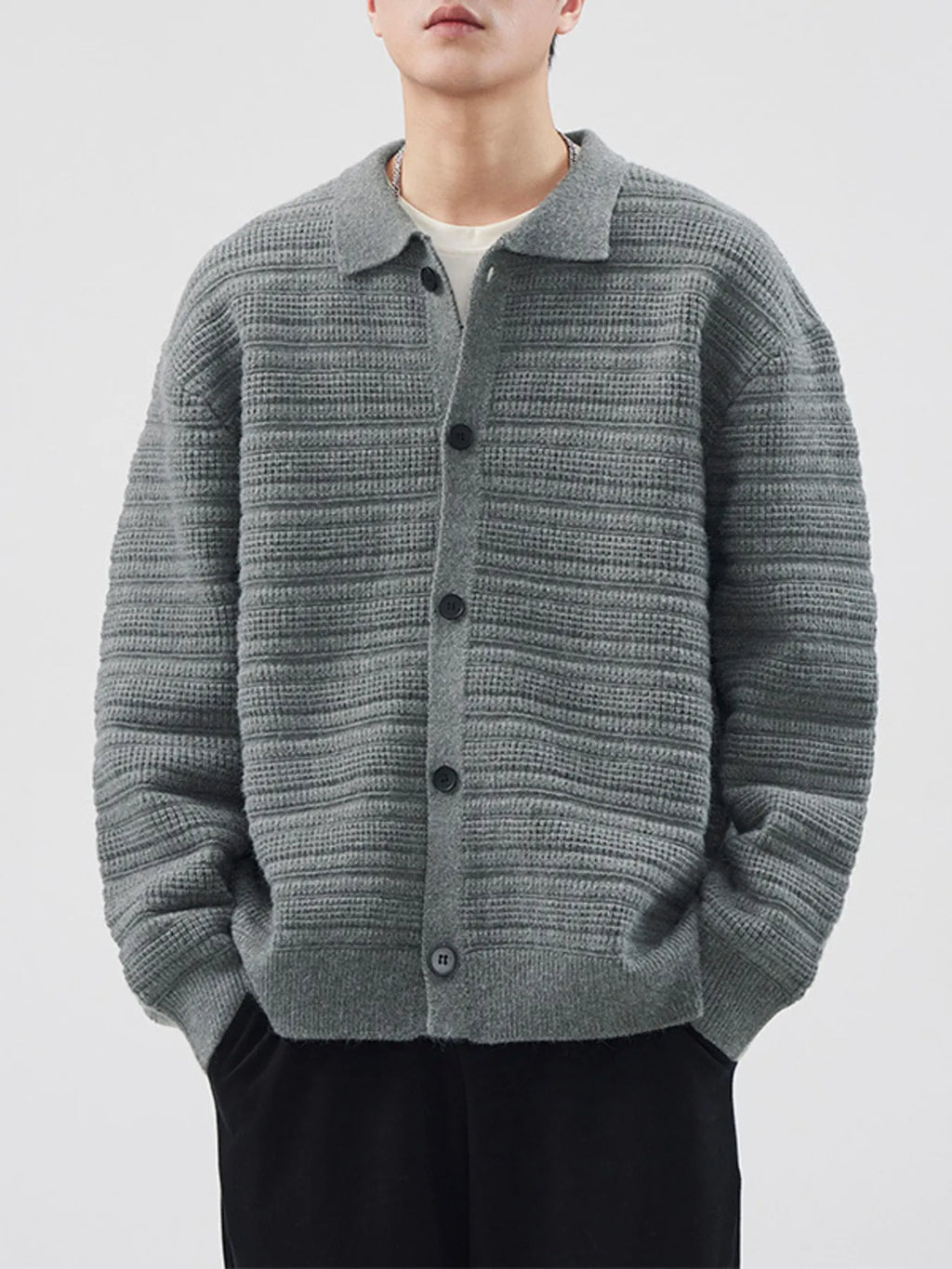 Plus Size Button Up Long Sleeve Cardigan in Dark Gray for Men
