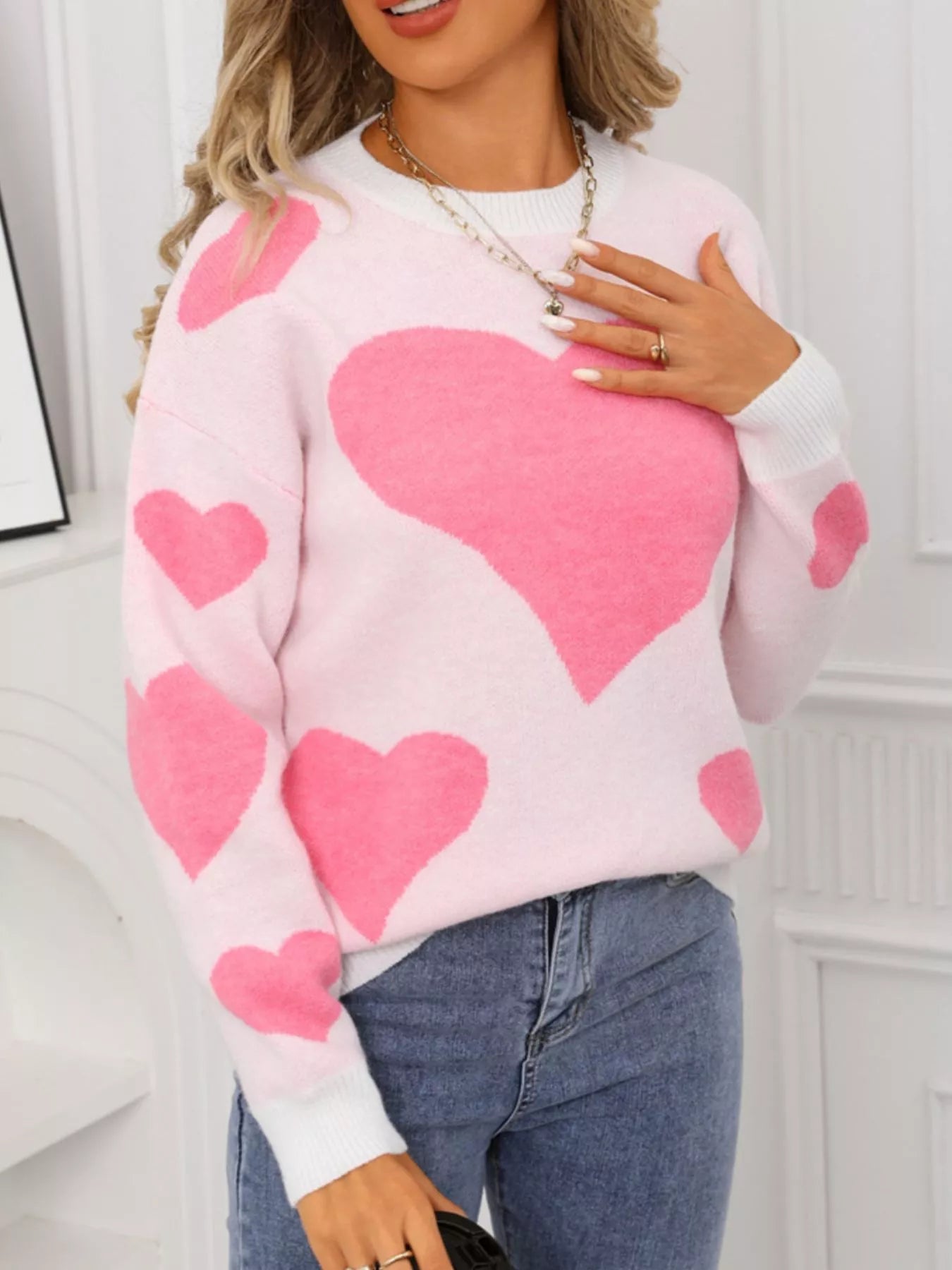 Valentines Day Heart Crew Neck Sweater in Classic in Rose Red for Women